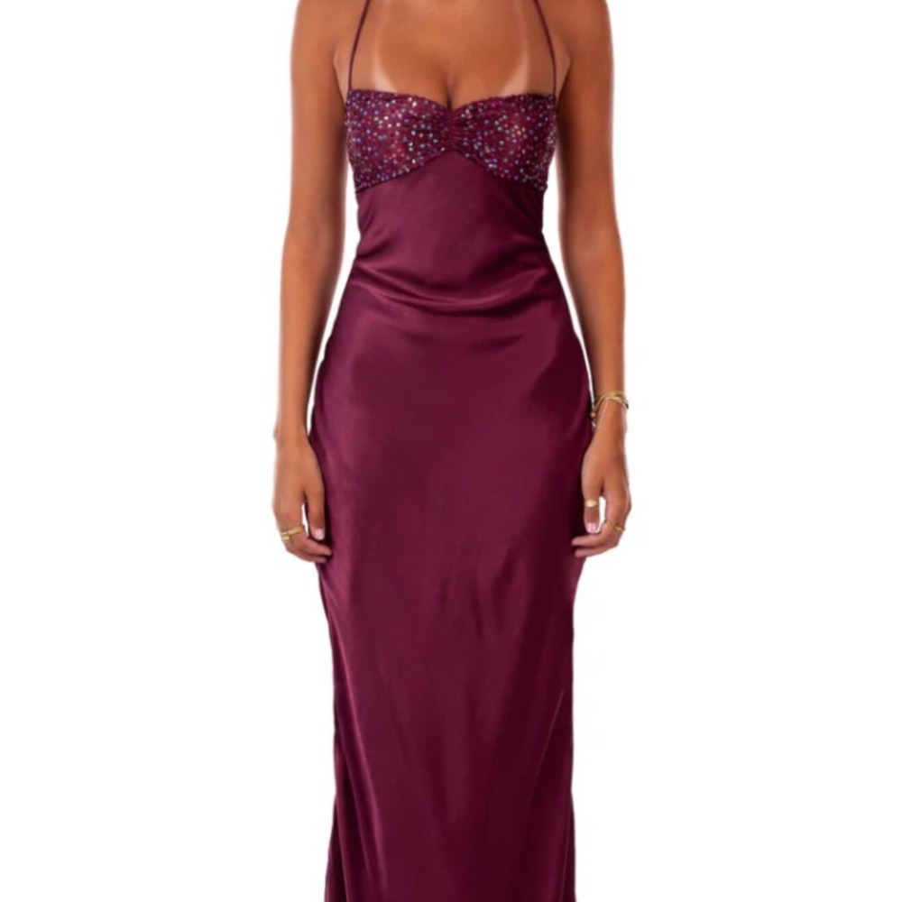I AM DELILAH Jade Berry Satin Sequin Halter Maxi Dress Lace Up Back XS NEW
